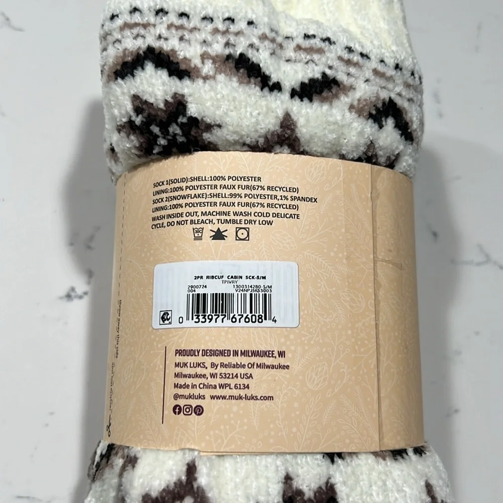 Muk Luks Cabin Socks Snow Ivory and Taupe 2 Pack